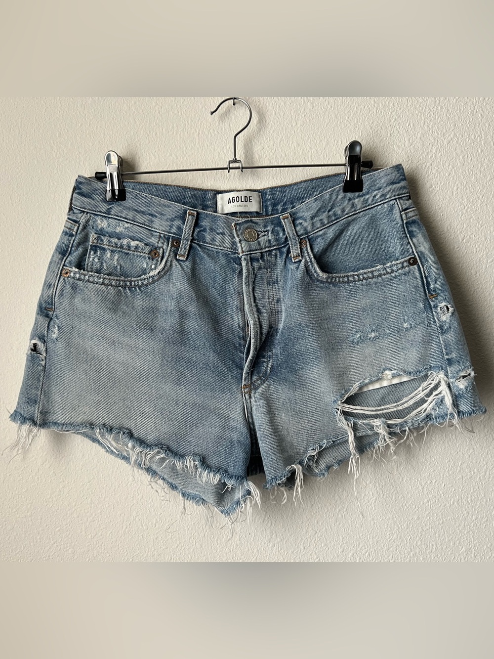 Agolde Parker Womens 27 Blue Jean Button Fly Denim Distressed Cut Off Shorts